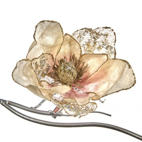 Závěsná dekorace - třpytivá magnolie na klipu, krémovozlatá