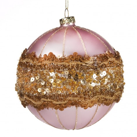 Závěsná dekorace - koule se zlatým krajkovým prstencem a flitry, růžovozlatá