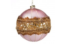Závěsná dekorace - koule se zlatým krajkovým prstencem a flitry, růžovozlatá