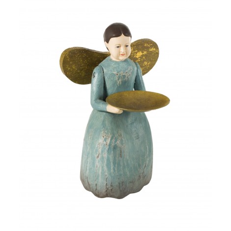 Dekorace - dřevěný andílek s podnosem na svíčku, modrý