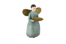 Dekorace - dřevěný andílek s podnosem na svíčku, modrý