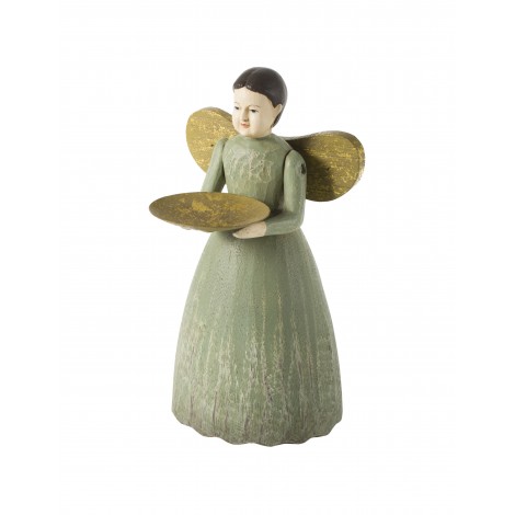 Dekorace - dřevěný andílek s podnosem na svíčku, světle zelený